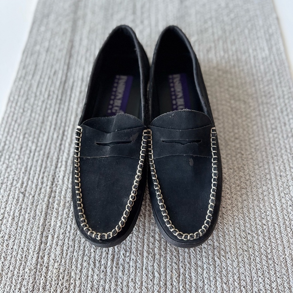Fashion Bug Black Faux Suede Loafers with Whip Stitiching Detail Sz 9